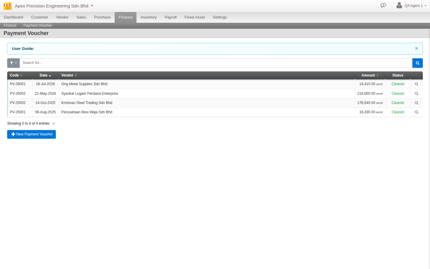 The Payment Voucher list showing real payments to vendors, all Cleared