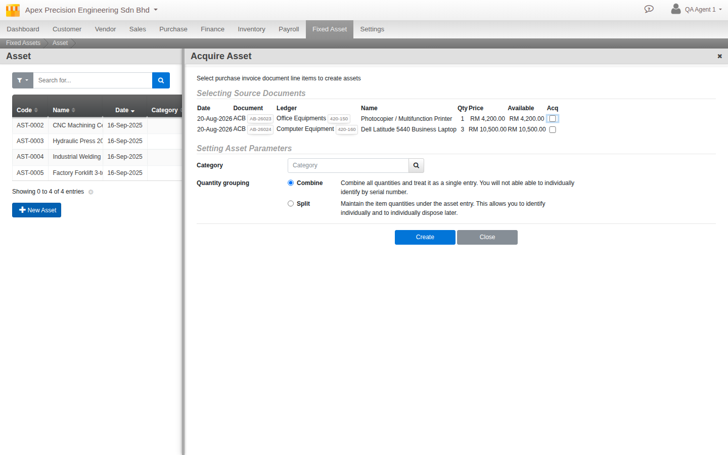 The Acquire Asset picker: a Selecting Source Documents table listing two eligible lines, a quantity-1 Photocopier line and a quantity-3 Dell Latitude laptop line, each with an Acq checkbox
