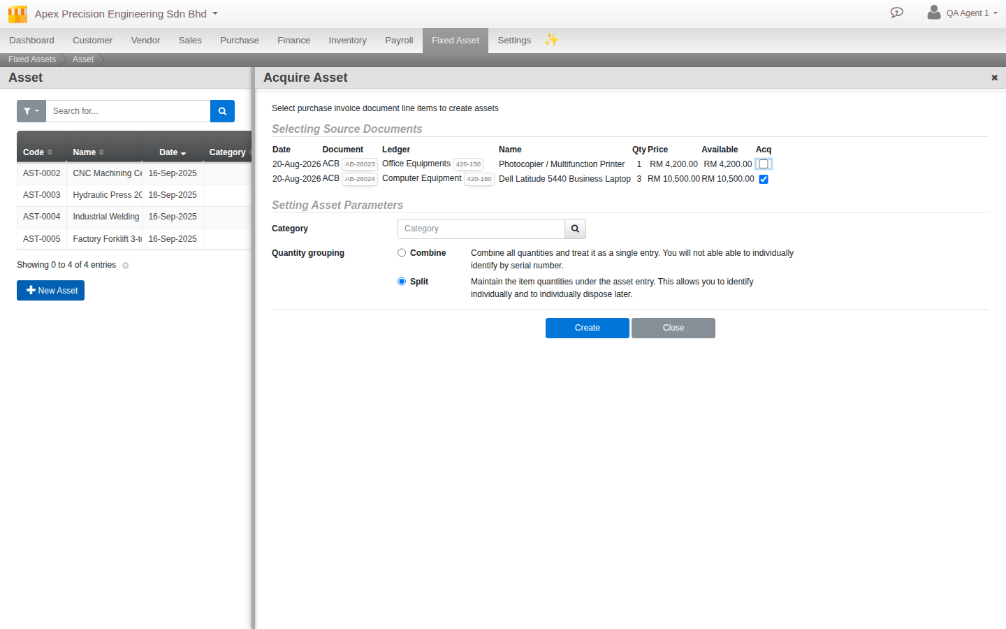 The Acquire Asset form with the quantity-3 laptop line checked and Split selected under Quantity grouping, showing the real Combine and Split radio copy