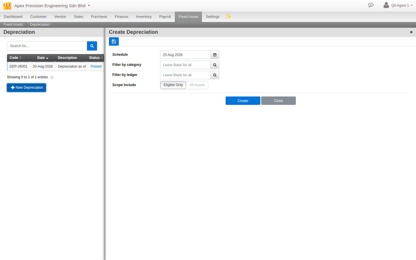 The Create Depreciation form with a Schedule date, optional category and ledger filters, and the Eligible Only / All Assets scope toggle