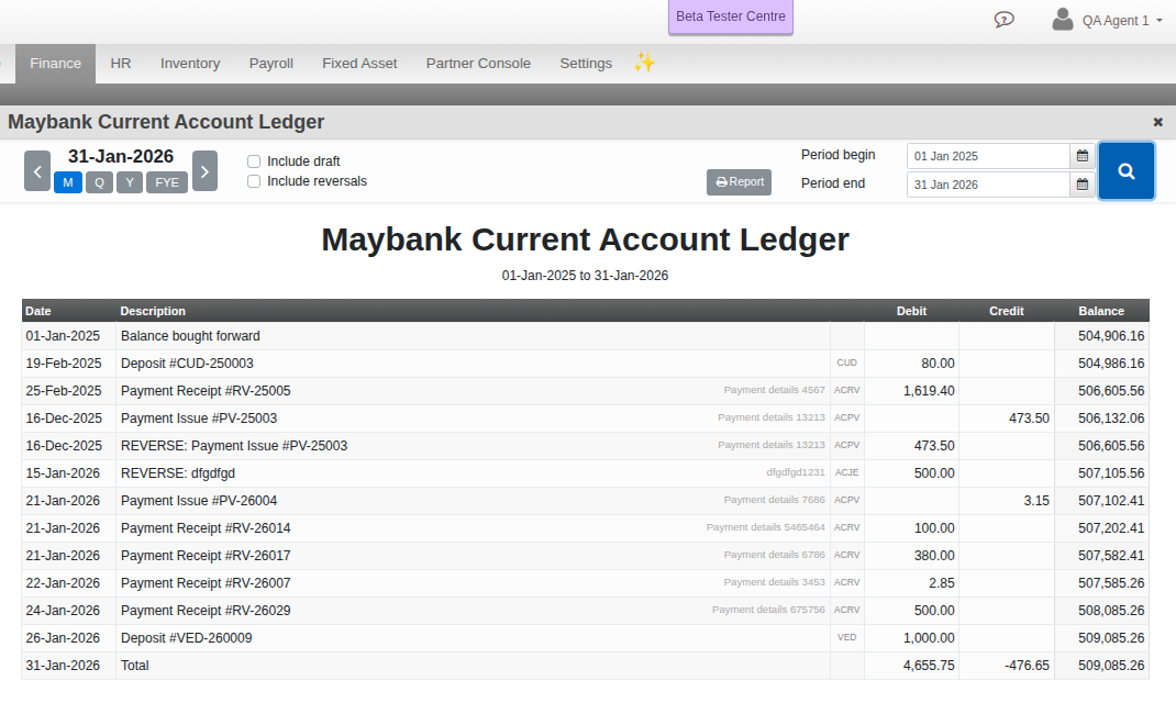 General Ledger detail for a bank account, showing Date, Description, Debit, Credit and running Balance