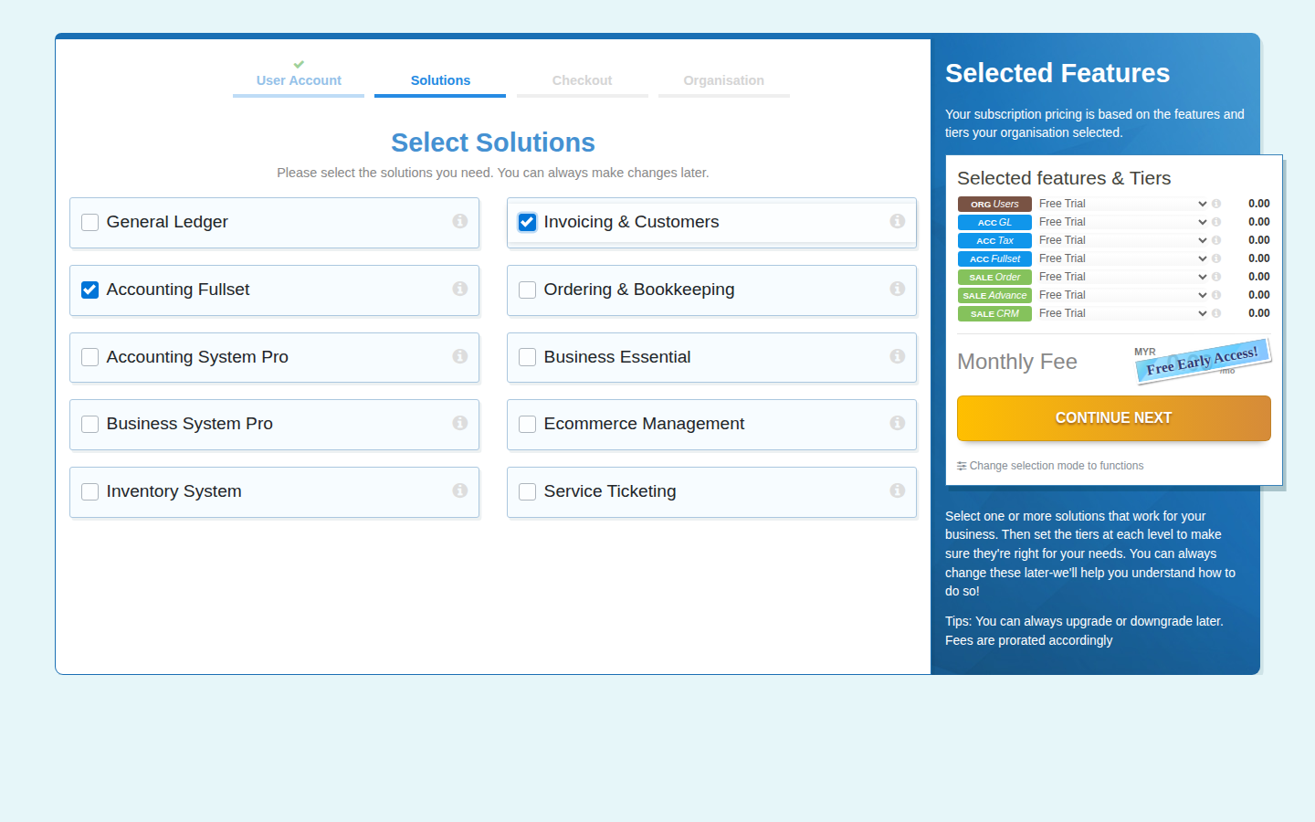 The Solutions step with Accounting Fullset and Invoicing and Customers ticked, and the resulting individual features listed on the right with a running total
