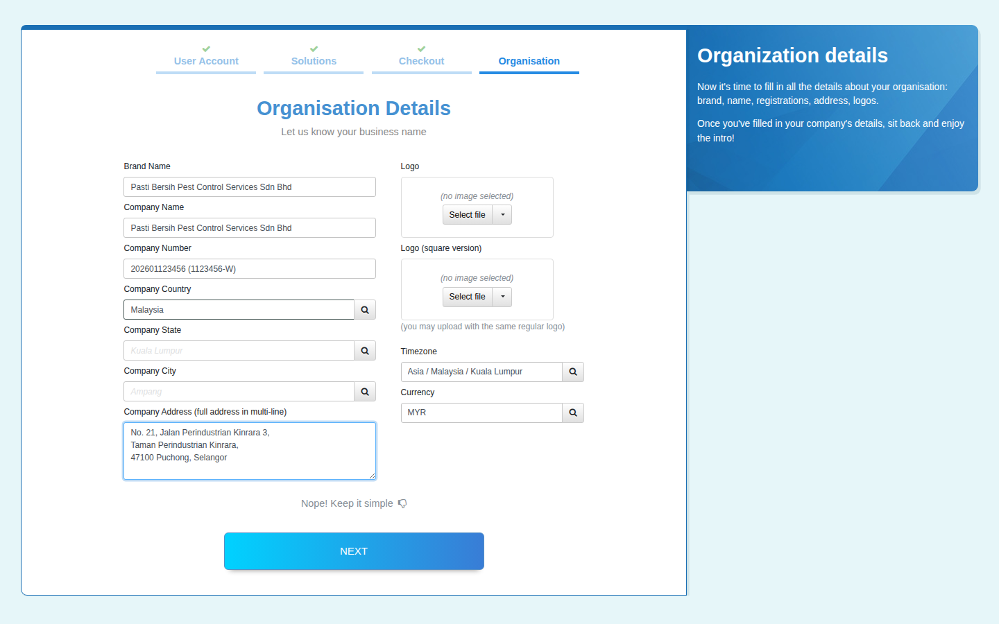 The Organisation step filled in with Brand Name, Company Name, Company Number, Country, State, City, Address, Timezone and Currency