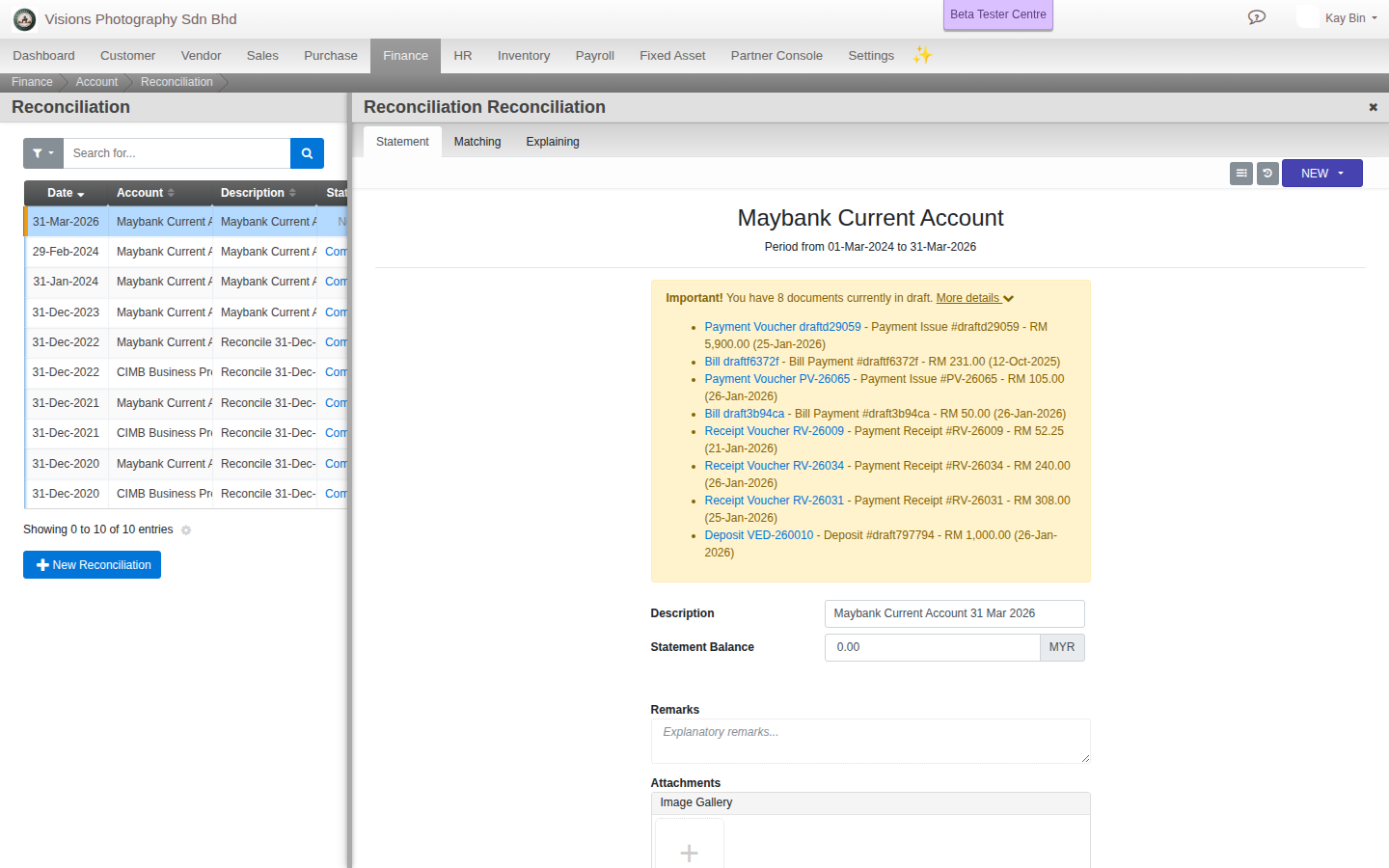 The Statement tab's draft warning expanded, listing 8 real draft documents by name, amount and date, each linked to its source