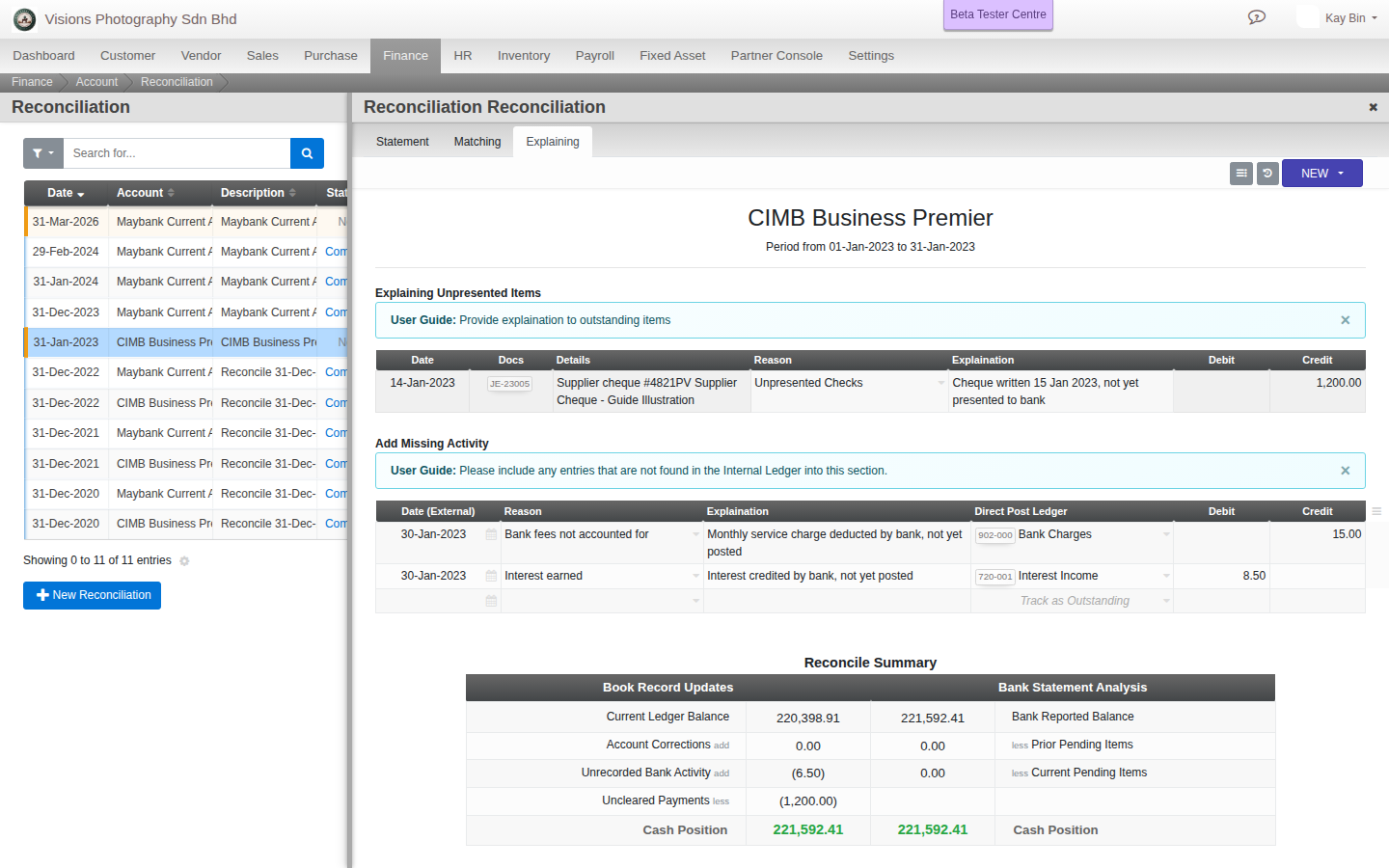 The Add Missing Activity section with a bank fee and an interest item entered, and the Reconcile Summary tally beneath it, Book Record Updates and Bank Statement Analysis converging to the same Cash Position