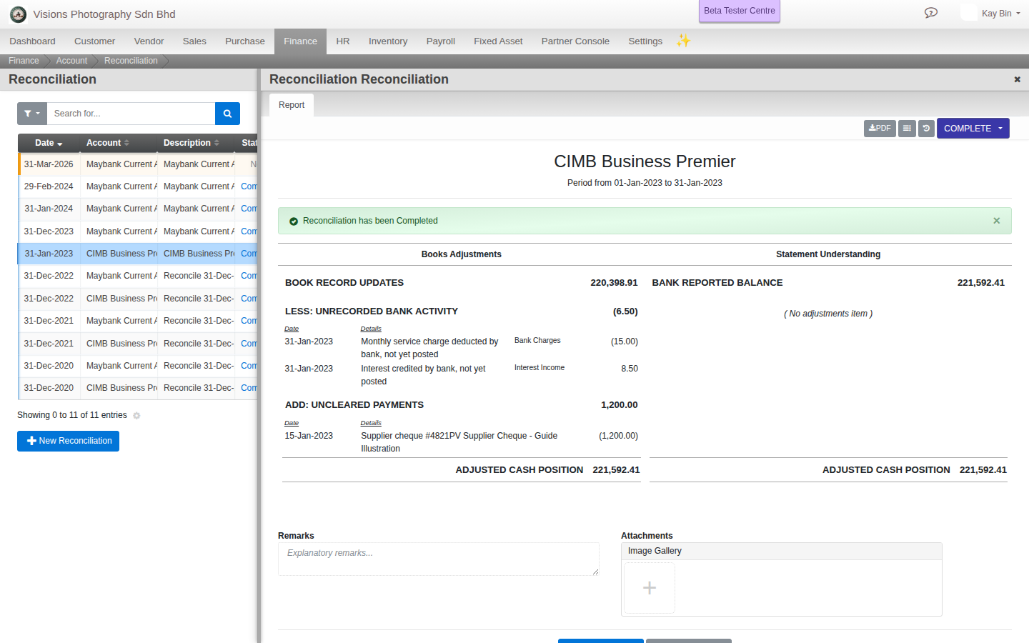 A completed reconciliation's Report tab, the unrecorded bank activity and the uncleared payment listed side by side with matching Adjusted Cash Position figures