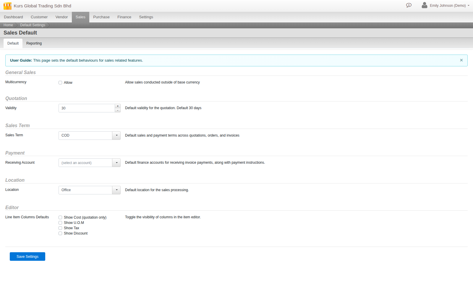 Sales Default Settings, General Sales section, showing an unchecked Multicurrency Allow checkbox labelled: Allow sales conducted outside of base currency