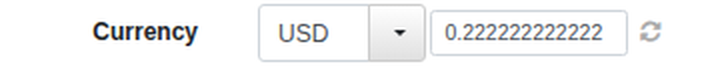 An editable currency widget on a draft document: a USD code selector, a rate field, and a small refresh button beside it