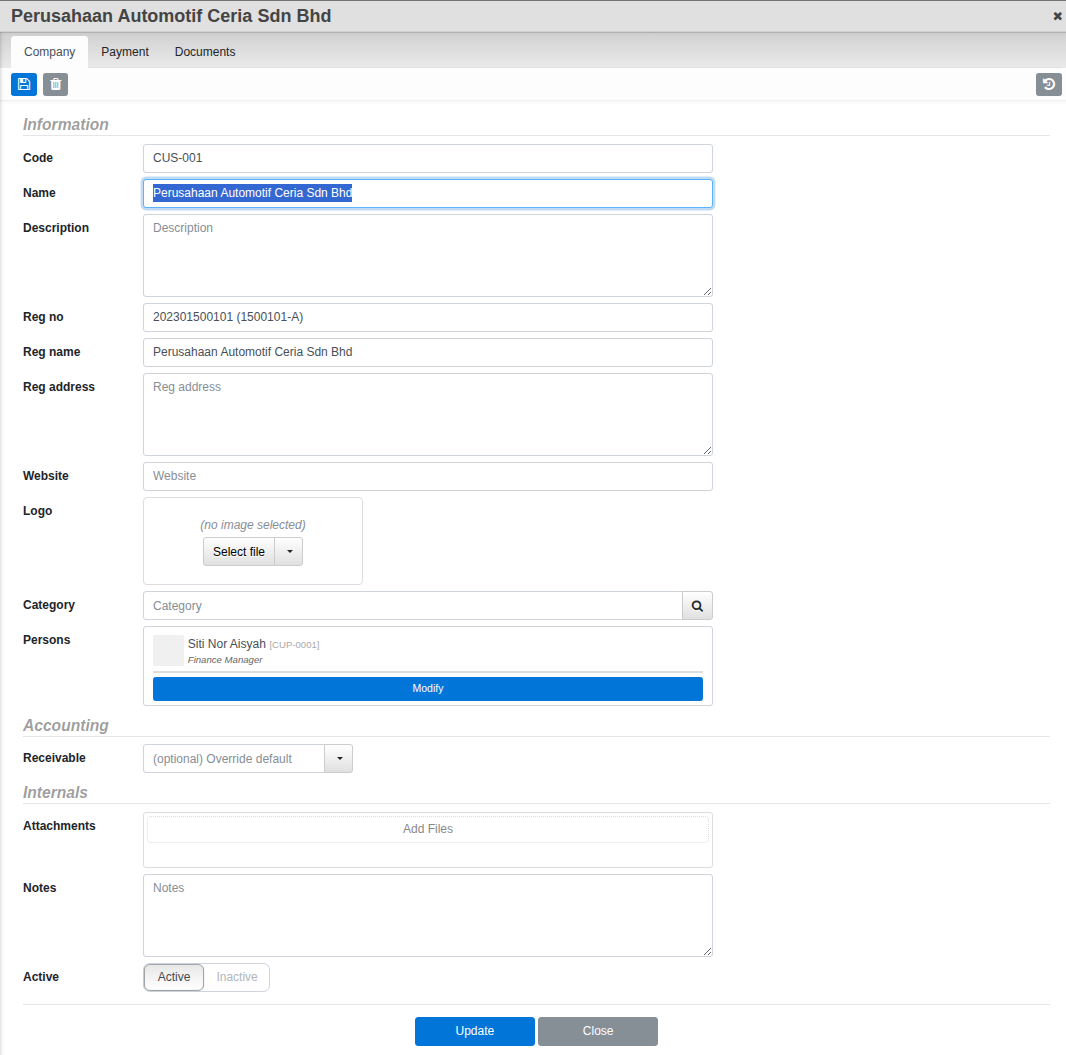 The Customer Company screen, showing Code, Name, registration fields, Category, and a linked Contact Person