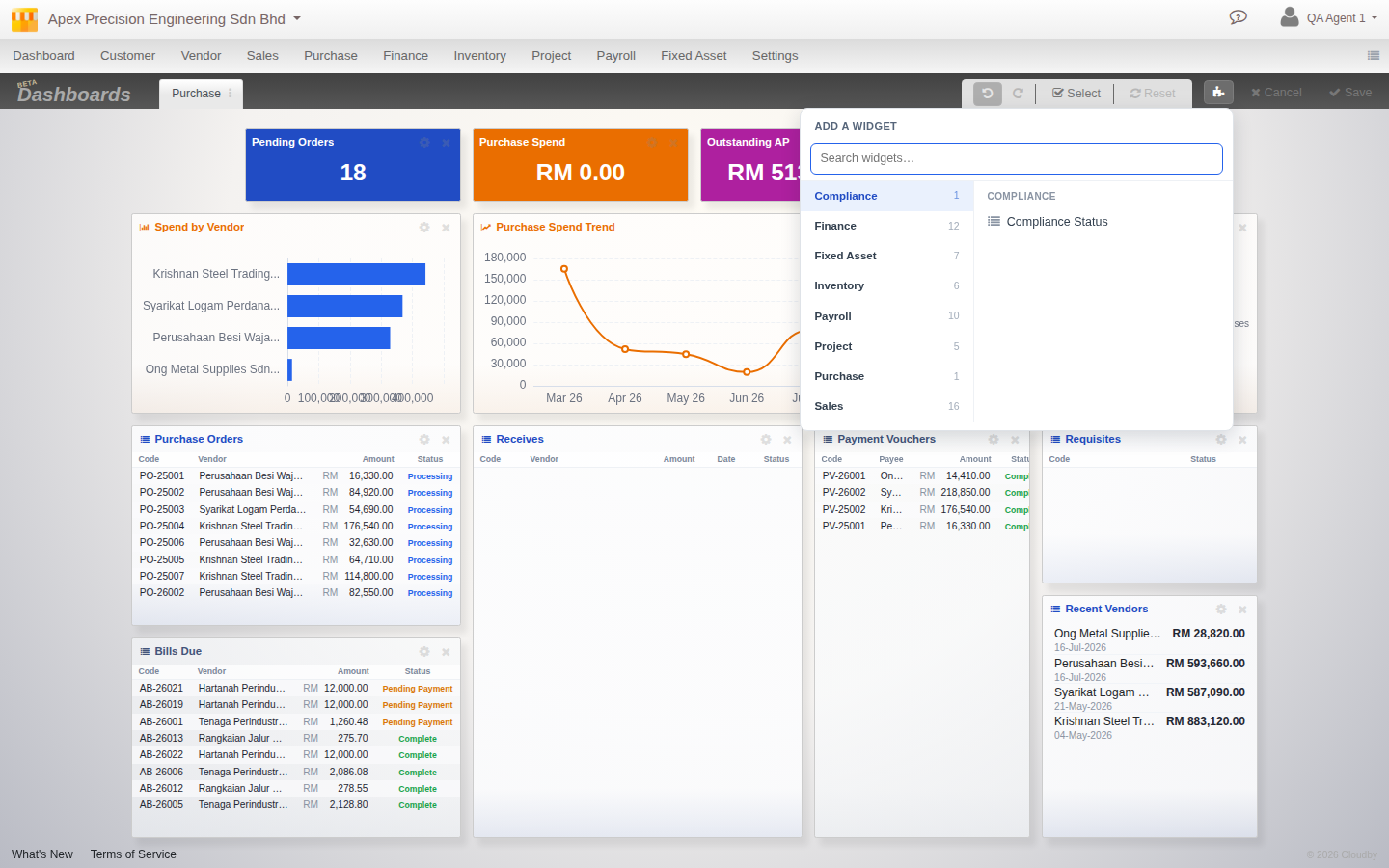 The Add a Widget picker, listing widgets grouped by module with a search box
