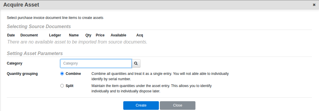 The Acquire Asset screen, which creates an asset by selecting purchase document line items rather than a blank form