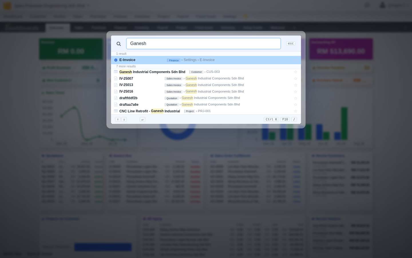 Jump Search results for a partial customer name, grouping the customer with their invoices, quotations and a project