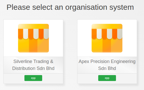 Please select an organisation system screen, showing a card for each organisation you belong to
