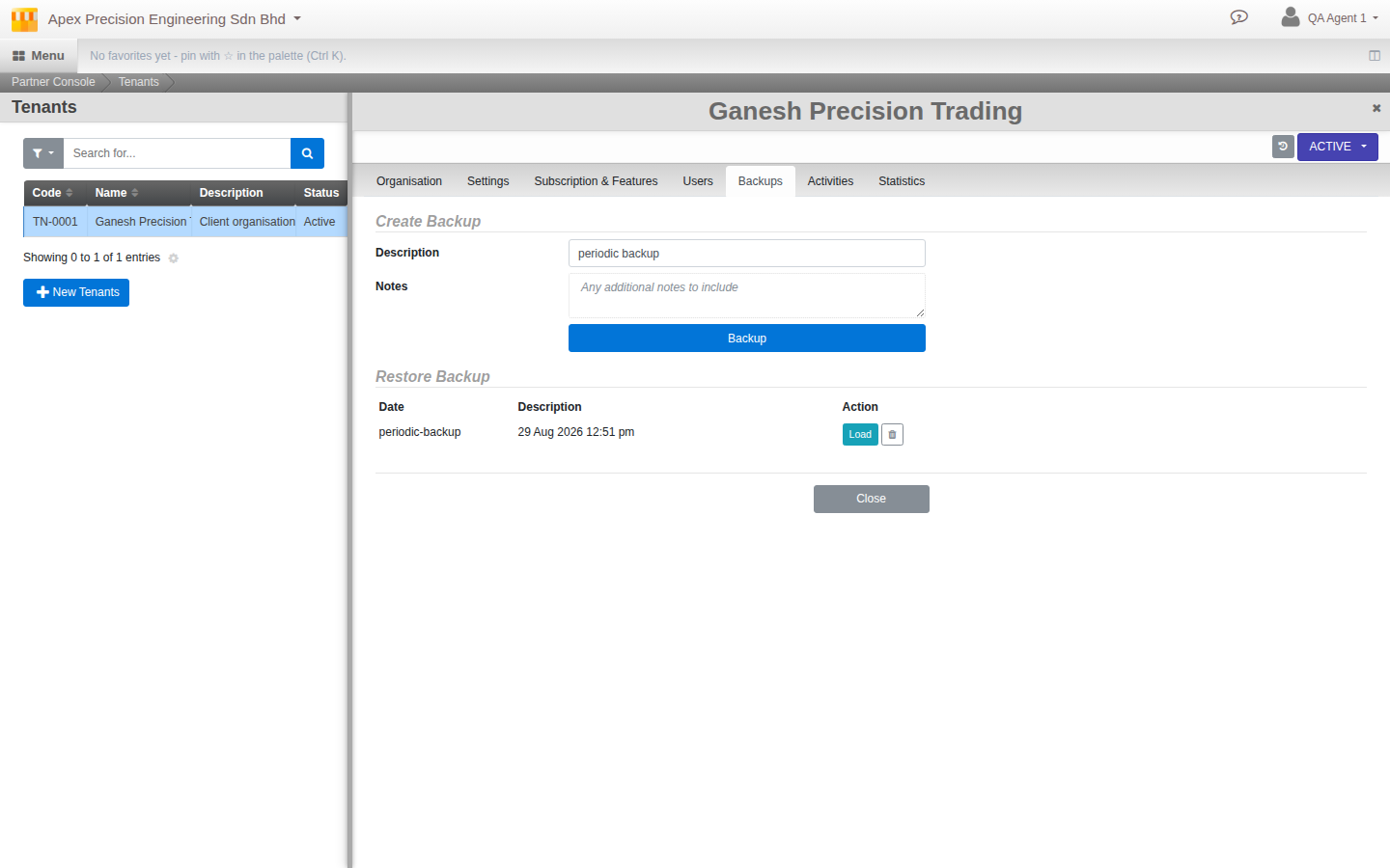 The Backups tab, with a Create Backup form and a Restore Backup list showing one backup with Load and delete actions