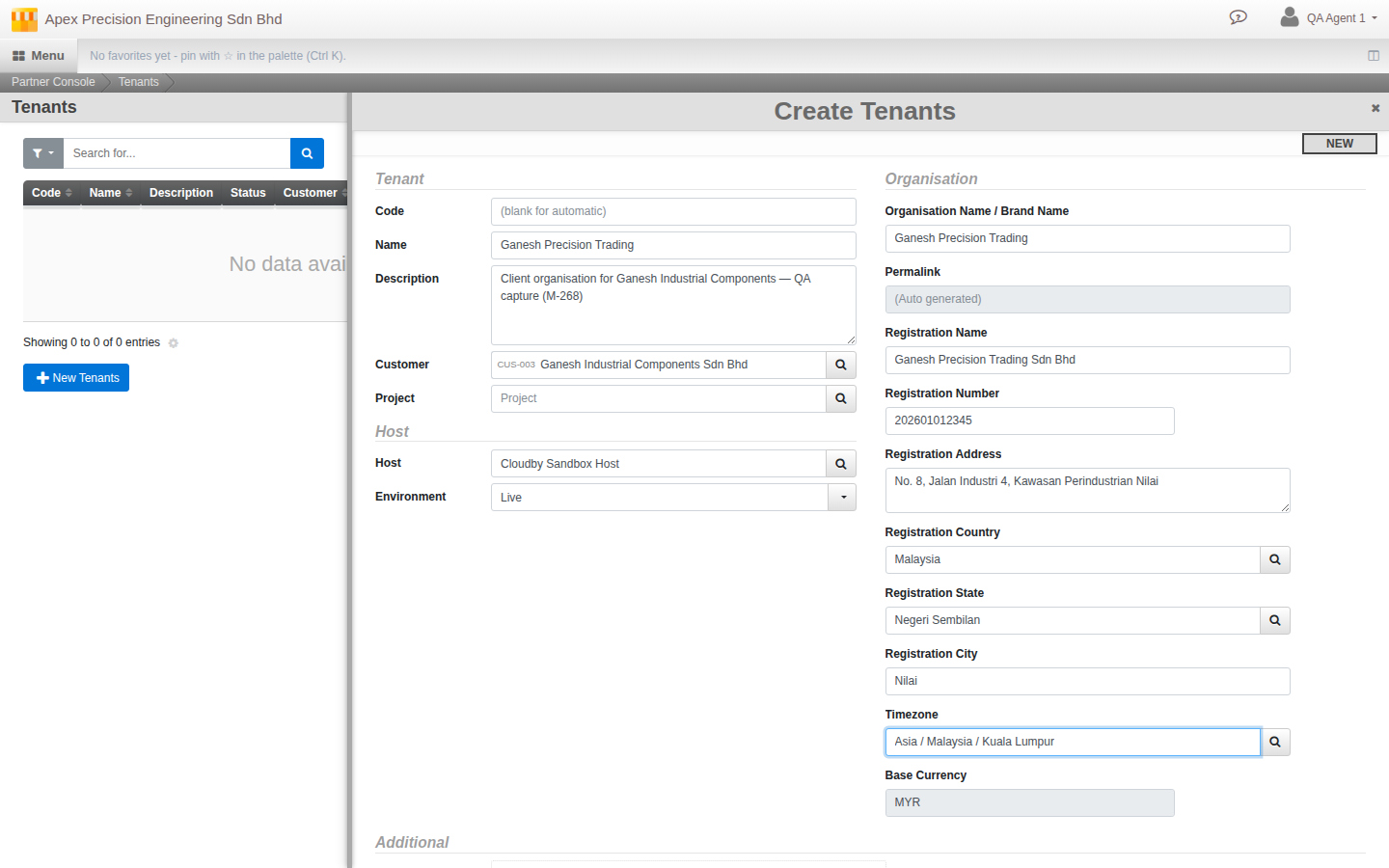 The Create Tenants form: Code, Name, Customer, Host and Environment on the left, Organisation registration details on the right