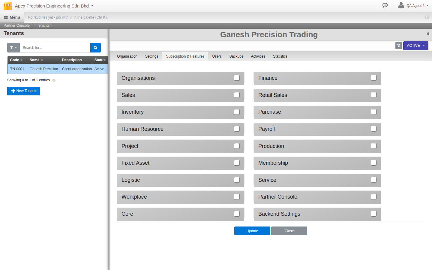 The Subscription and Features tab, listing every module (Organisations, Sales, Inventory, Finance and more) as an on/off checkbox