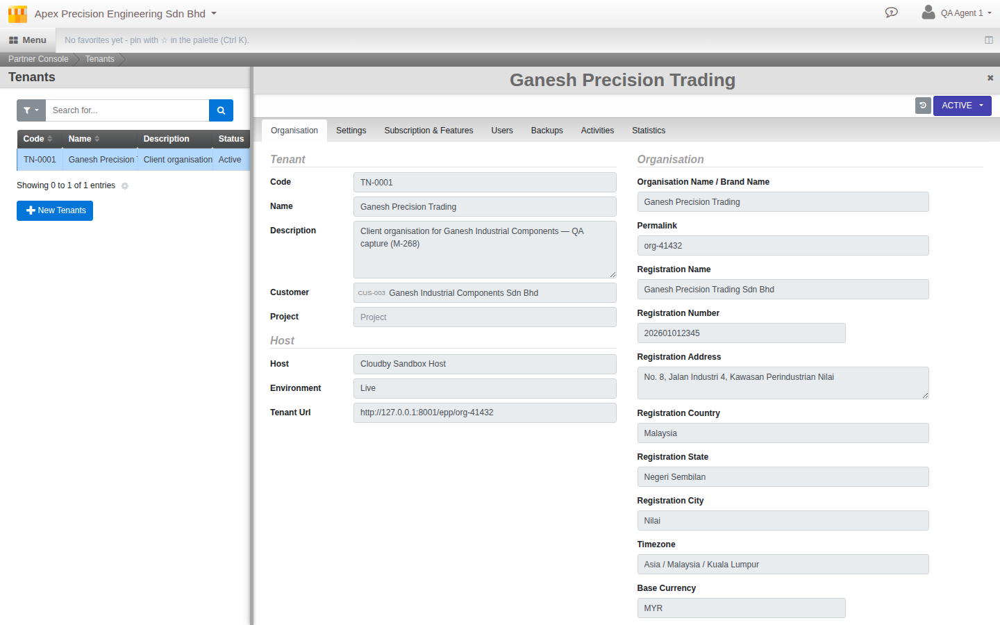 The Organisation tab of a deployed tenant, showing its details synced from the live client organisation