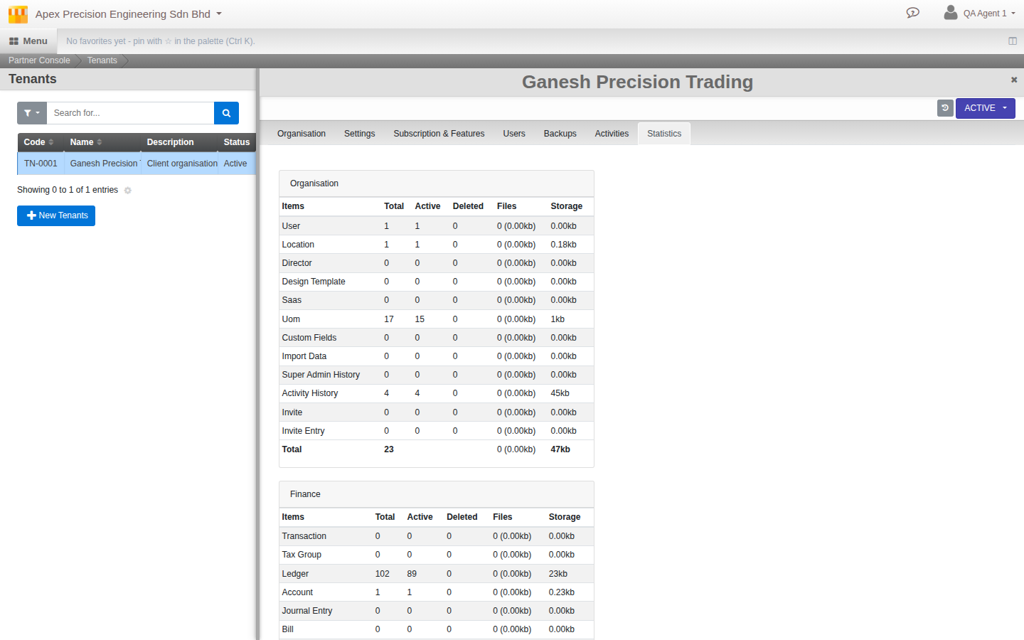 The Statistics tab, showing record counts and storage used per module such as Organisation and Finance