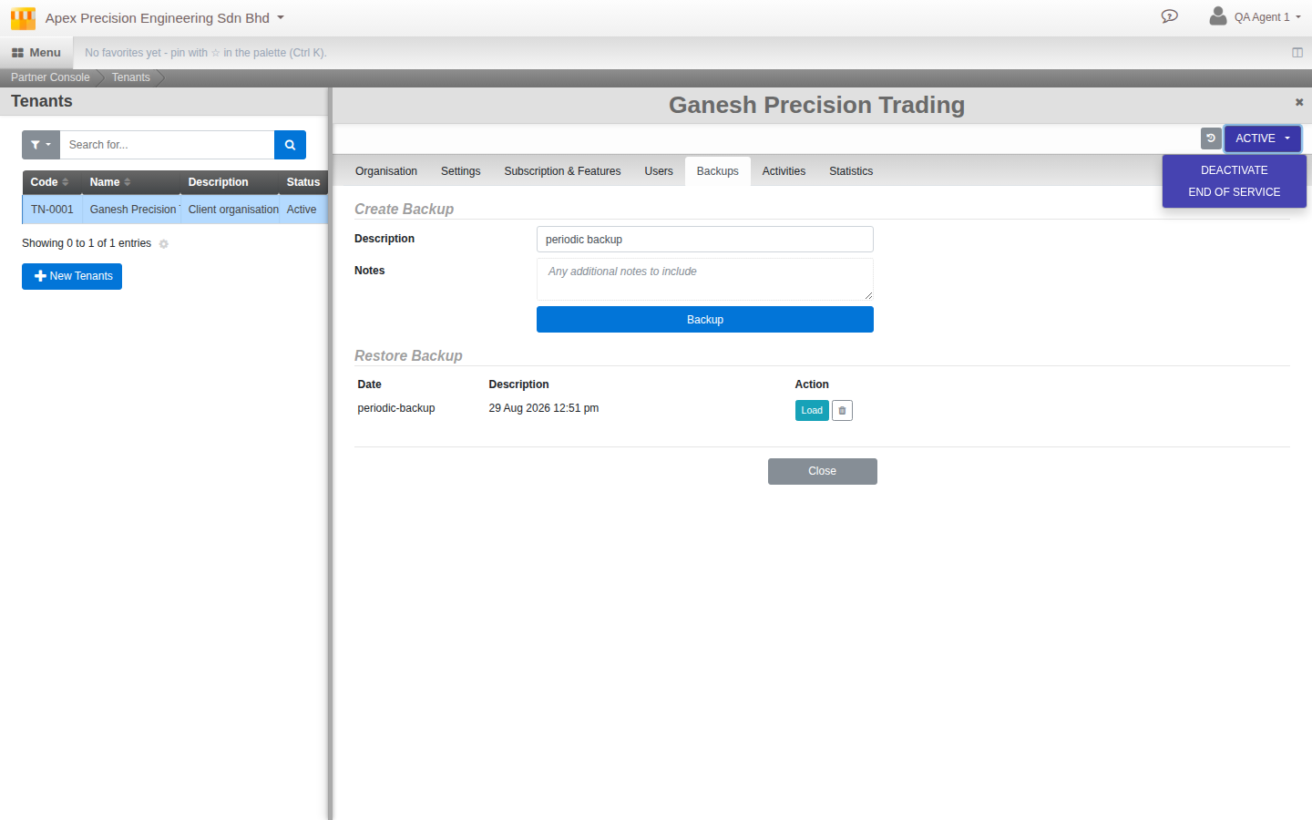 The status dropdown on an Active tenant, offering Deactivate and End Of Service