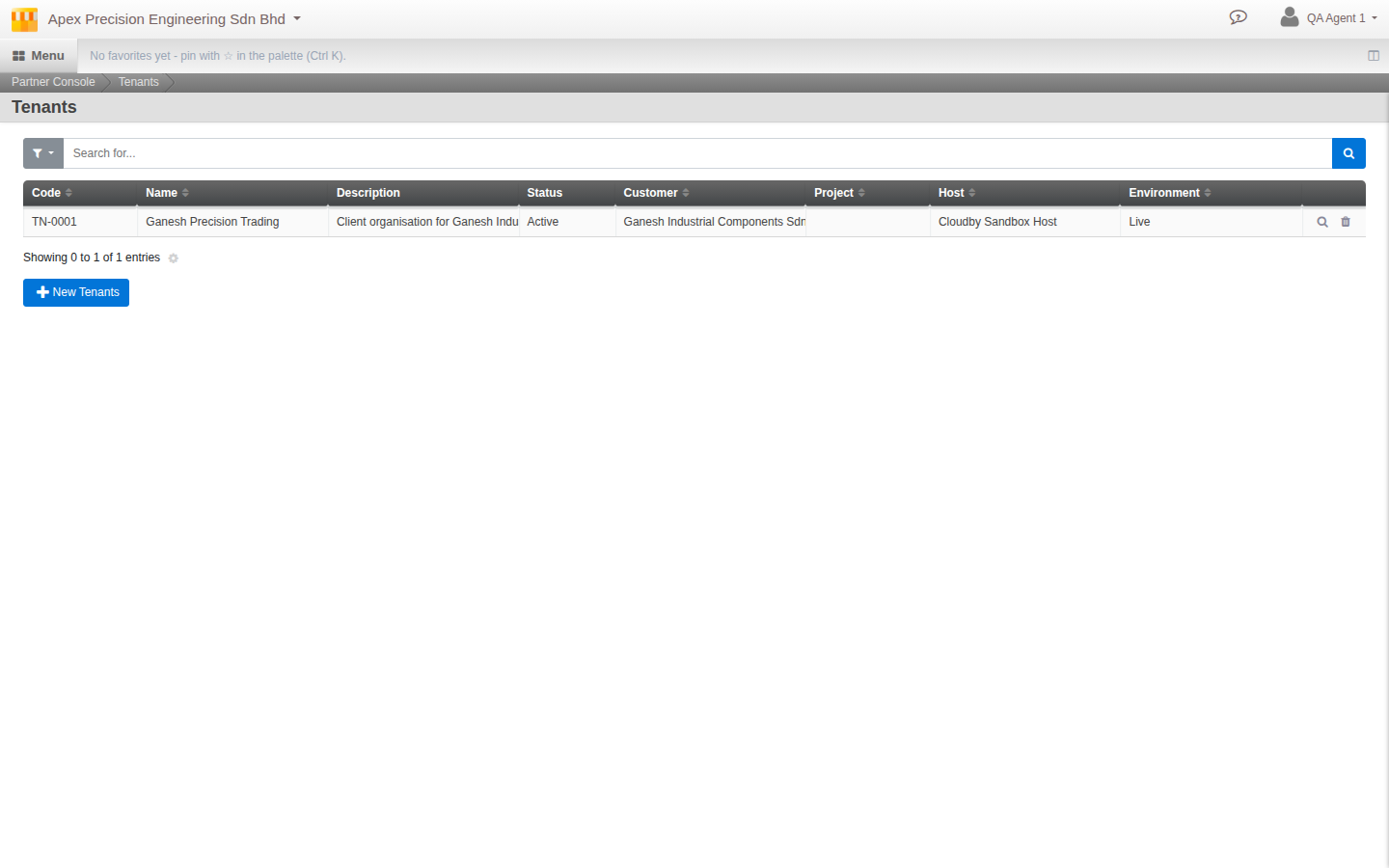 The Tenants list in Partner Console, showing a client organisation with its Customer, Host and Environment