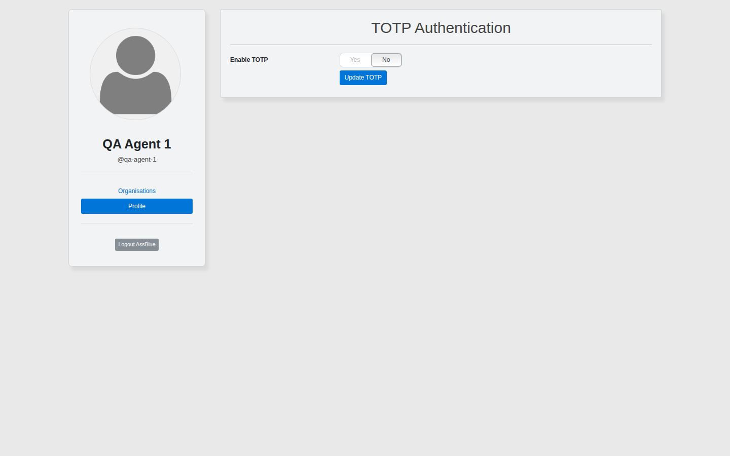 TOTP Authentication screen with an Enable TOTP Yes/No toggle and an Update TOTP button