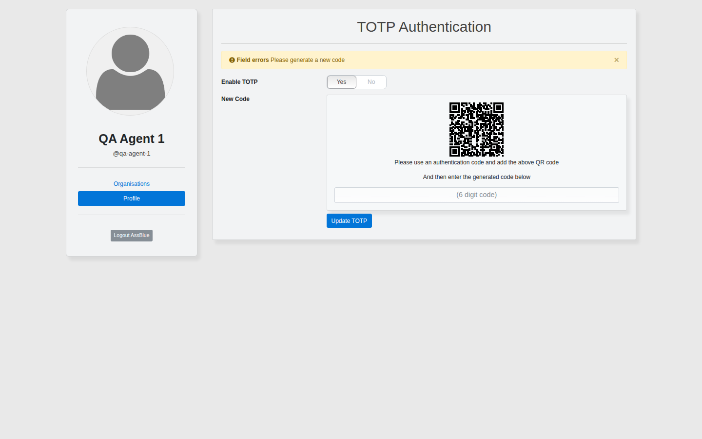 TOTP setup showing the generated QR code and the 6 digit code field