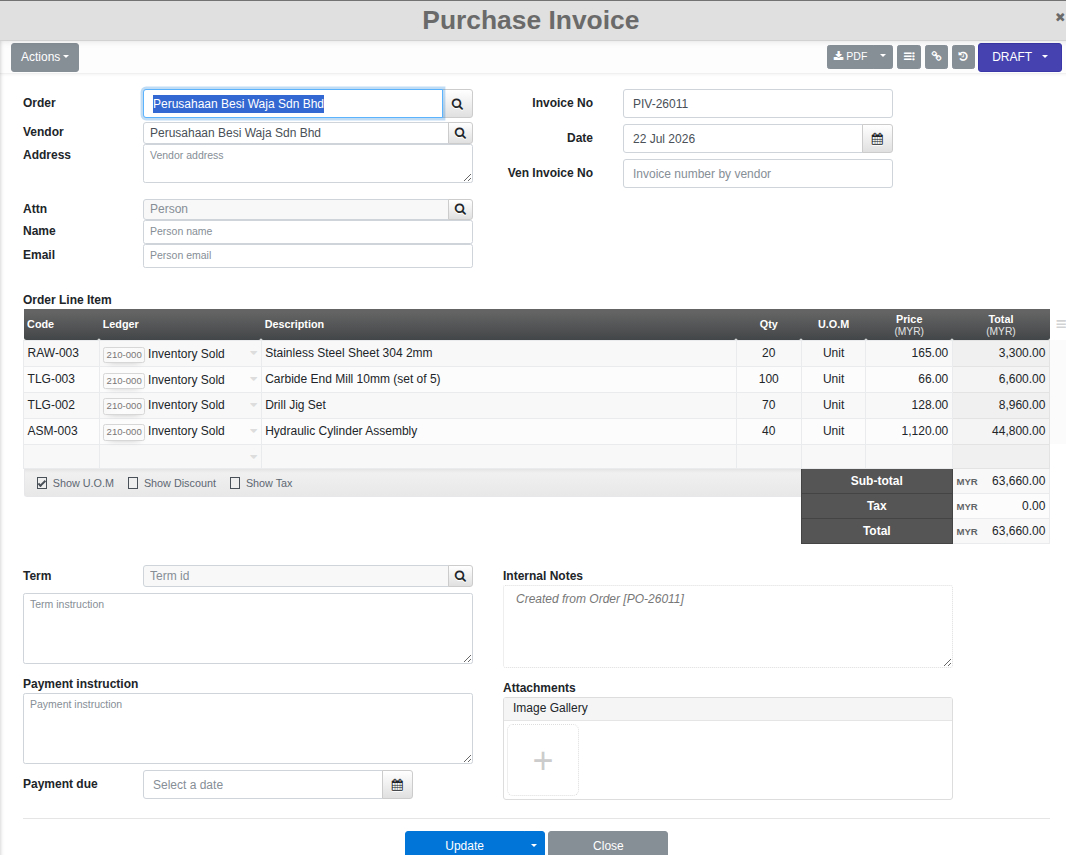 A draft Purchase Invoice created from a Purchase Order, with its line items and per-line ledger