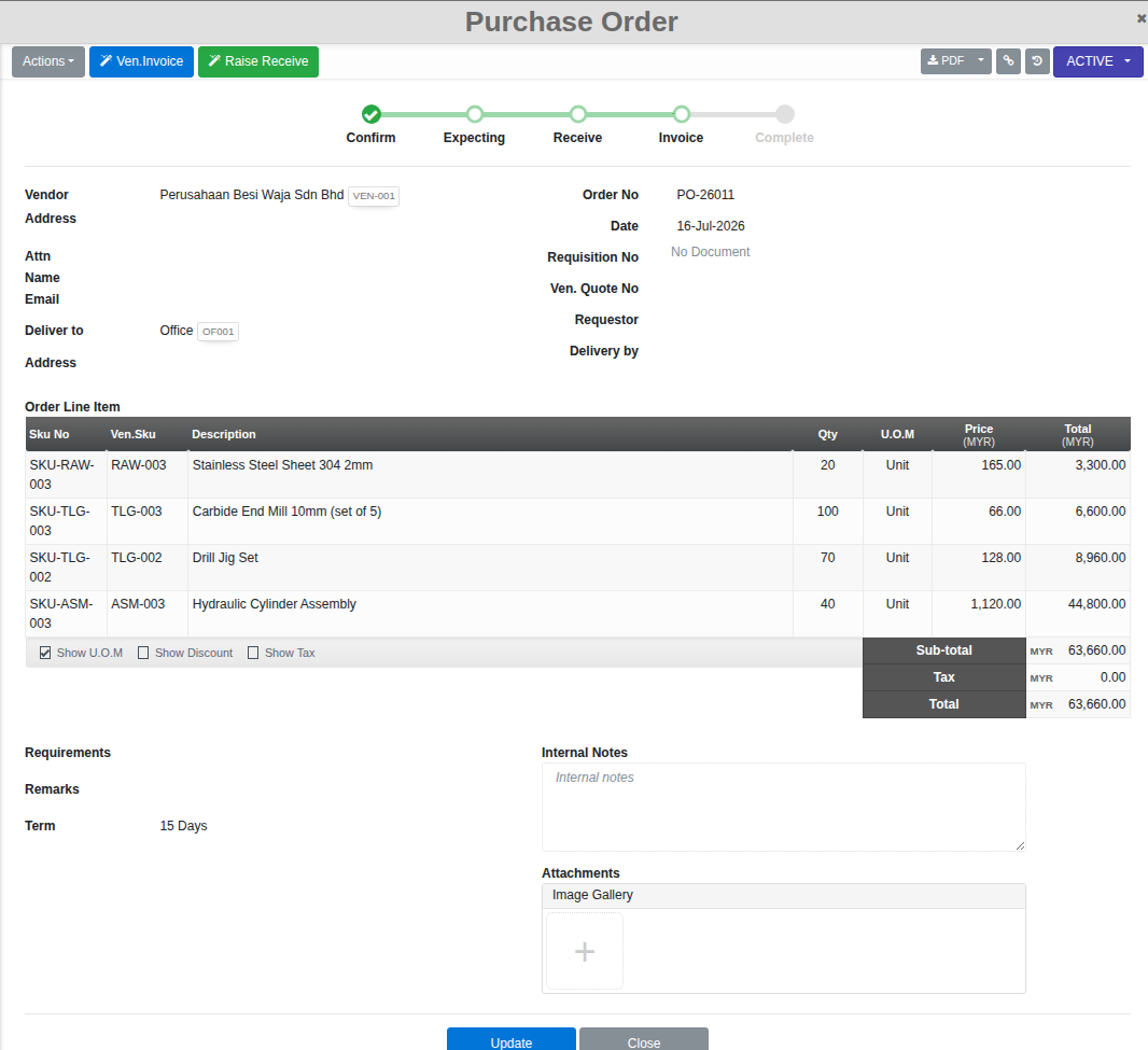 A Purchase Order showing its Confirm to Complete milestone stepper and real line items