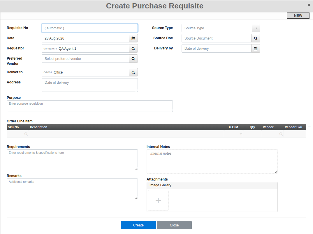 The Create Purchase Requisite form, with Requestor and Deliver to pre-filled and a line-item table for what is needed