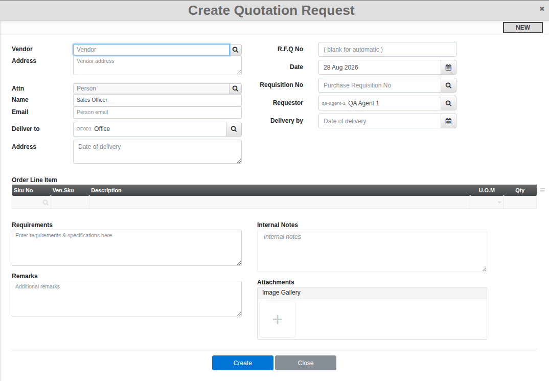 The Create Quotation Request form, with Vendor, Requisition No link and a line-item table