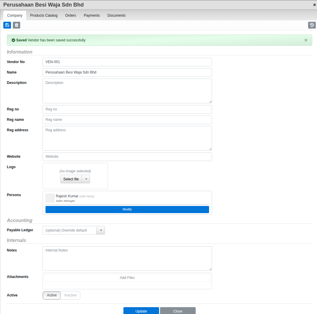 The Vendor Company screen, showing Vendor No, Name, registration fields, and a linked Person