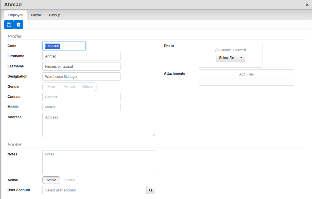 The Employee edit form: Code, Firstname, Lastname, Designation, Gender, Contact, Mobile, Address, Photo, Attachments, Notes, Active and User Account fields