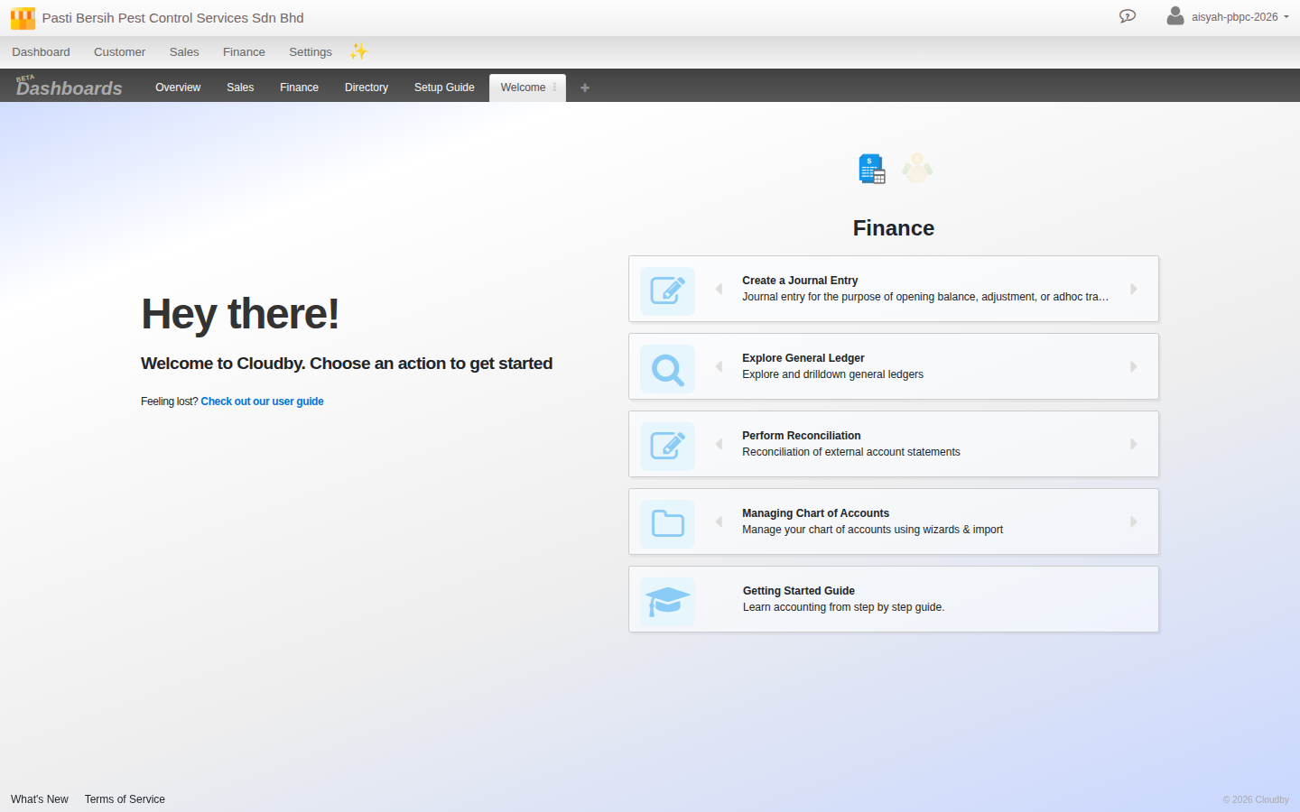First-login Cloudby dashboard showing the Setup Guide checklist with percent complete per area, and the Welcome tab's quick-action cards