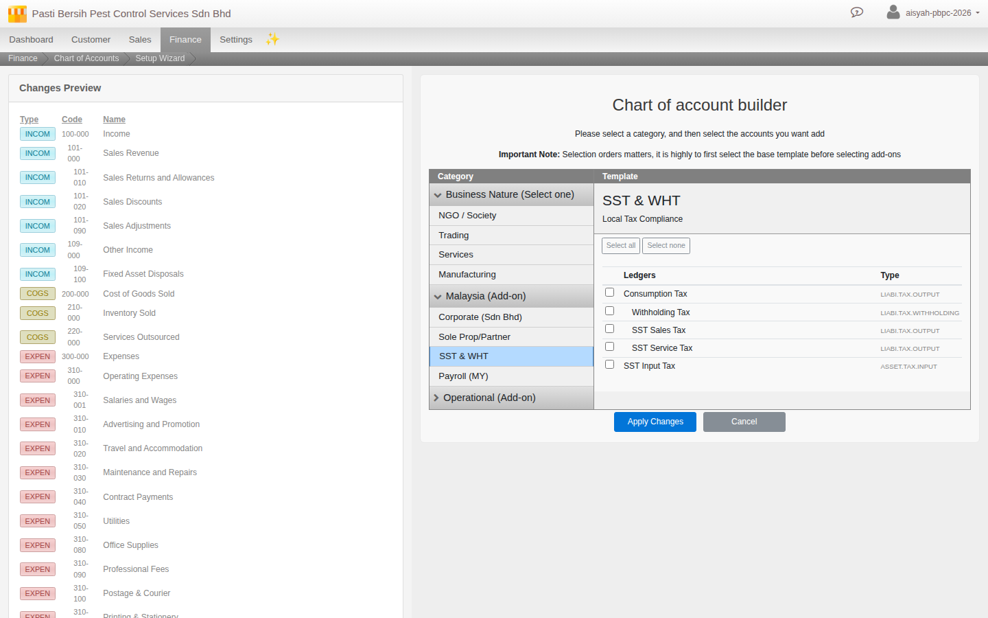 Chart of account builder with Malaysia (Add-on) expanded showing its four chapters and SST & WHT selected, with the Select all button visible before applying