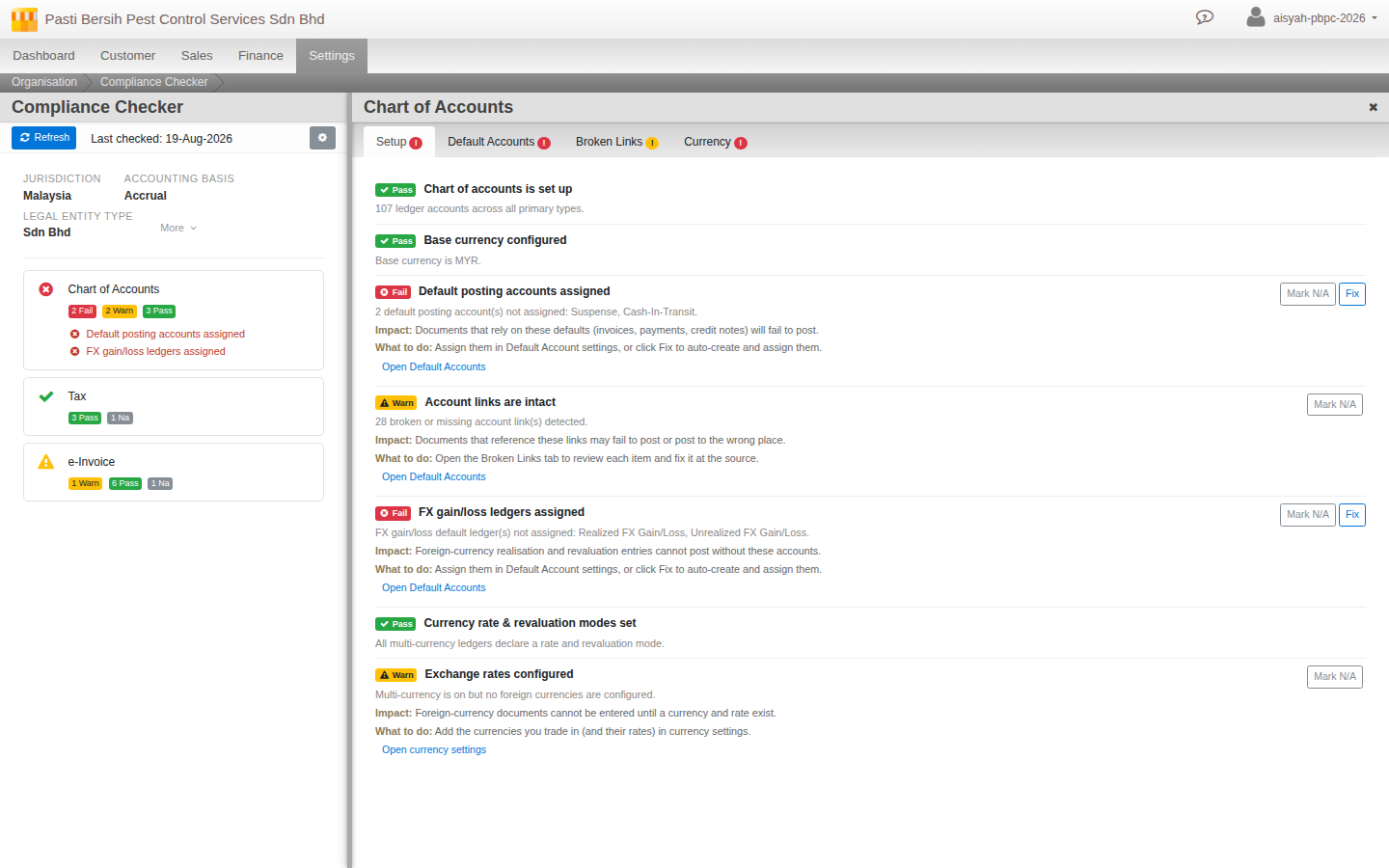 The Compliance Checker showing Chart of Accounts, Tax and e-Invoice domain cards with Pass/Warn/Fail counts, and an item expanded with Impact copy and a one-click Fix button