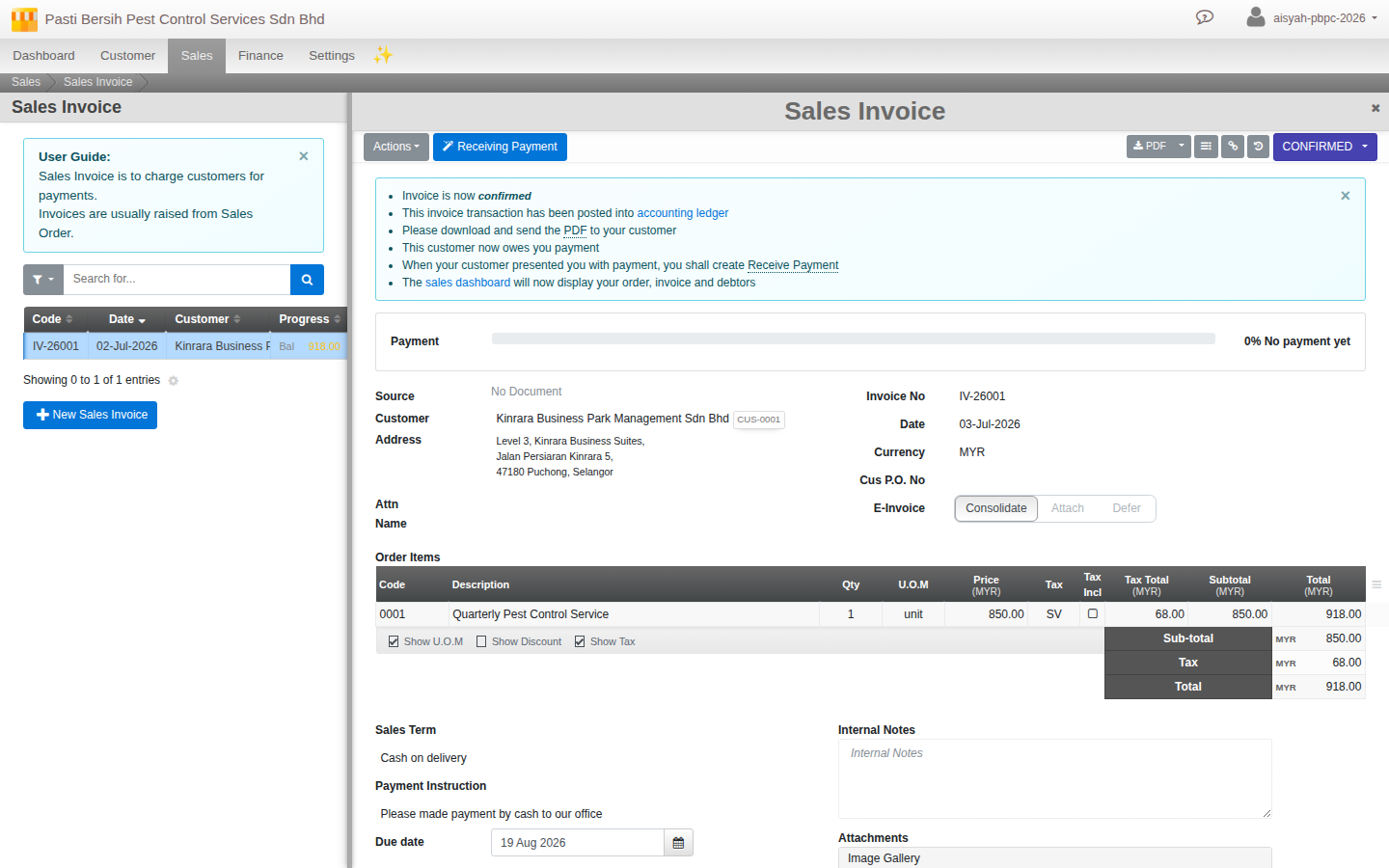 A confirmed Sales Invoice with Service Tax correctly calculated on the line and the Consolidate e-Invoice action selected