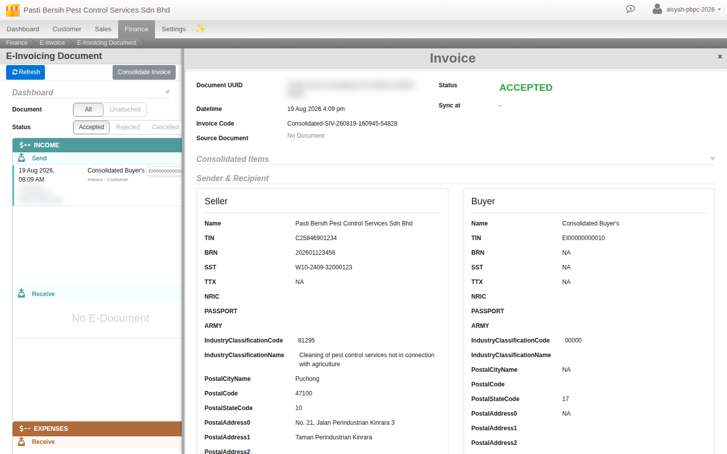 The e-Invoice document detail view showing status Accepted, with the seller and consolidated buyer details both visible