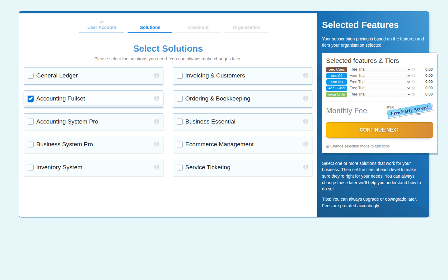 Signup Solutions screen with only Accounting Fullset ticked and the Selected Features sidebar listing ORG Users, ACC GL, ACC Tax, ACC Fullset and SALE Order at Free Trial tier