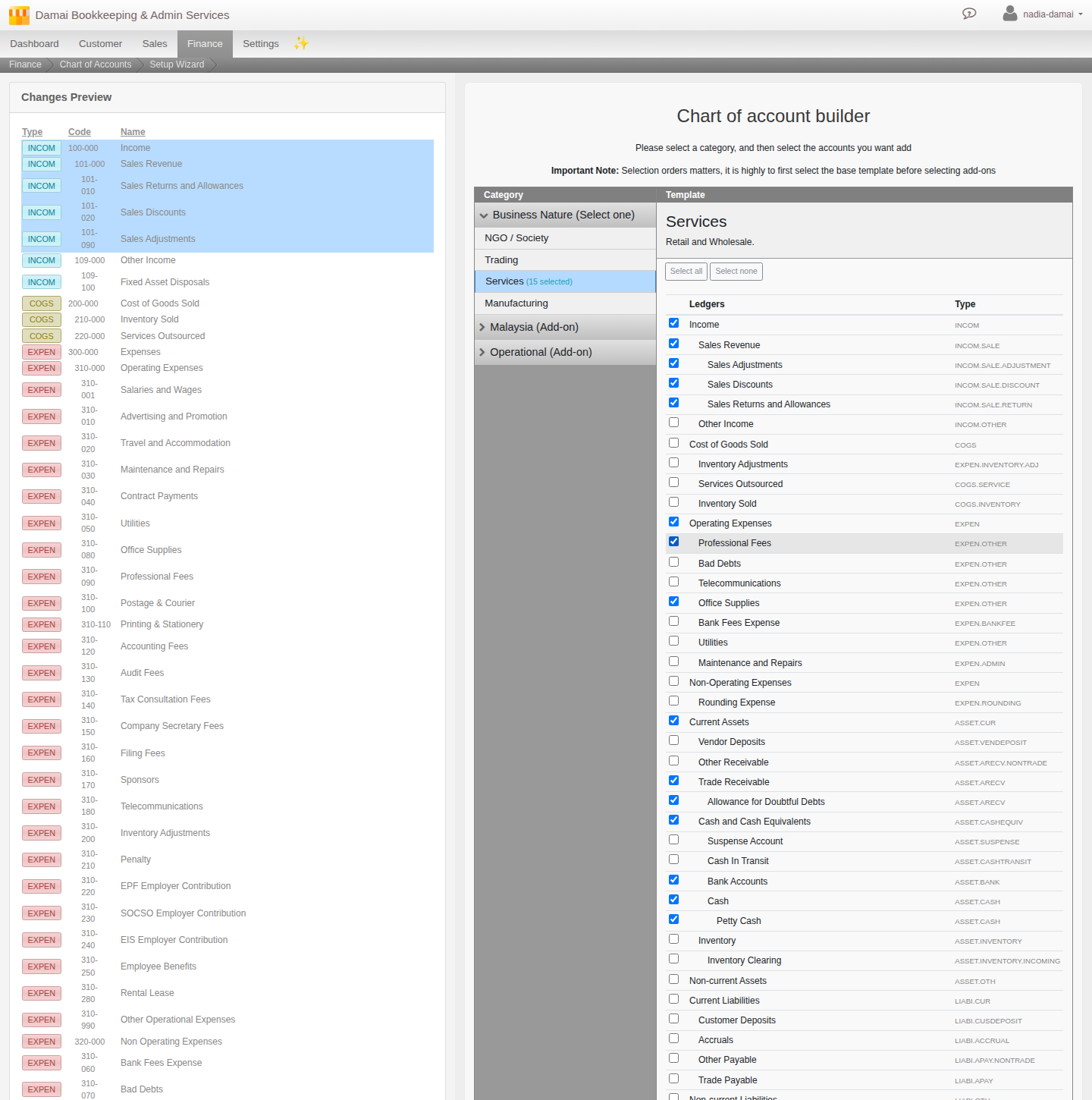 Chart of Accounts Setup Wizard on the Services base template, with only Sales Revenue, Bank Accounts, Cash, Trade Receivable, Office Supplies and Professional Fees ticked out of the full account list