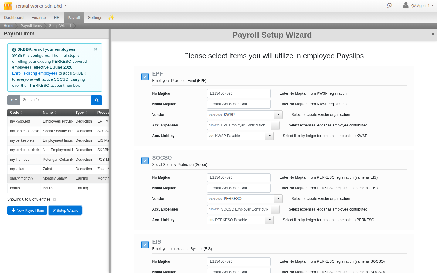 The Payroll Setup Wizard, EPF and SOCSO items switched on with their own configuration forms, plus a full Payroll Items list including SKBBK, PCB, Zakat, Salary and Bonus