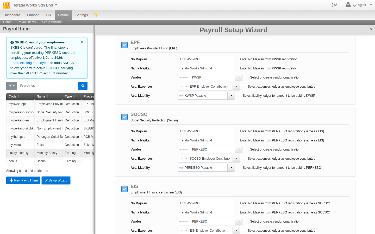 The EPF and SOCSO configuration forms inside the wizard, showing employer registration fields, a Vendor field with an auto-create suggestion, and Expense and Liability ledger fields