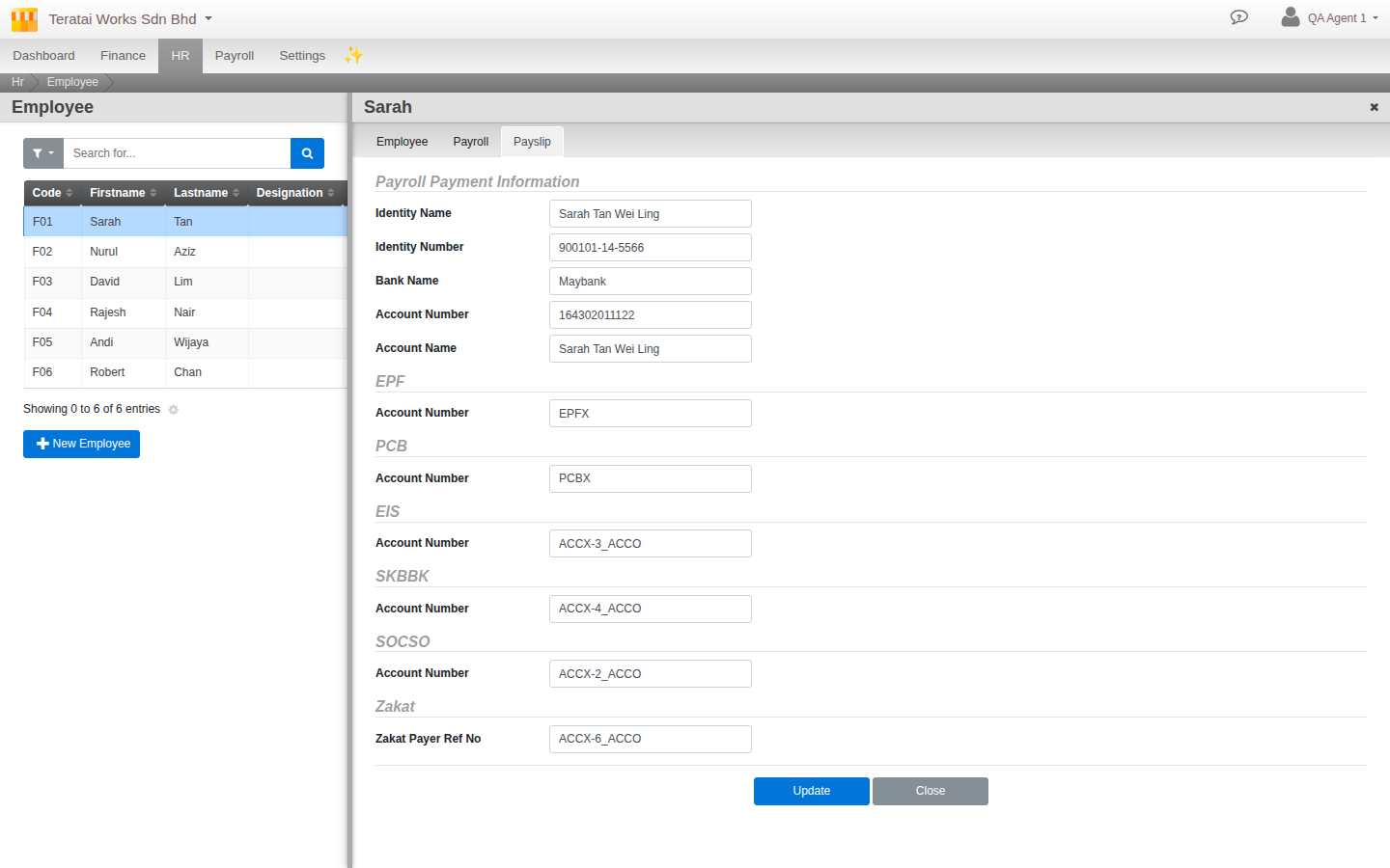 An employee's Payslip tab, Payroll Payment Information section with Identity Name, Identity Number, Bank Name, Account Number and Account Name filled in, plus separate account-number fields for EPF, PCB, EIS, SKBBK and SOCSO