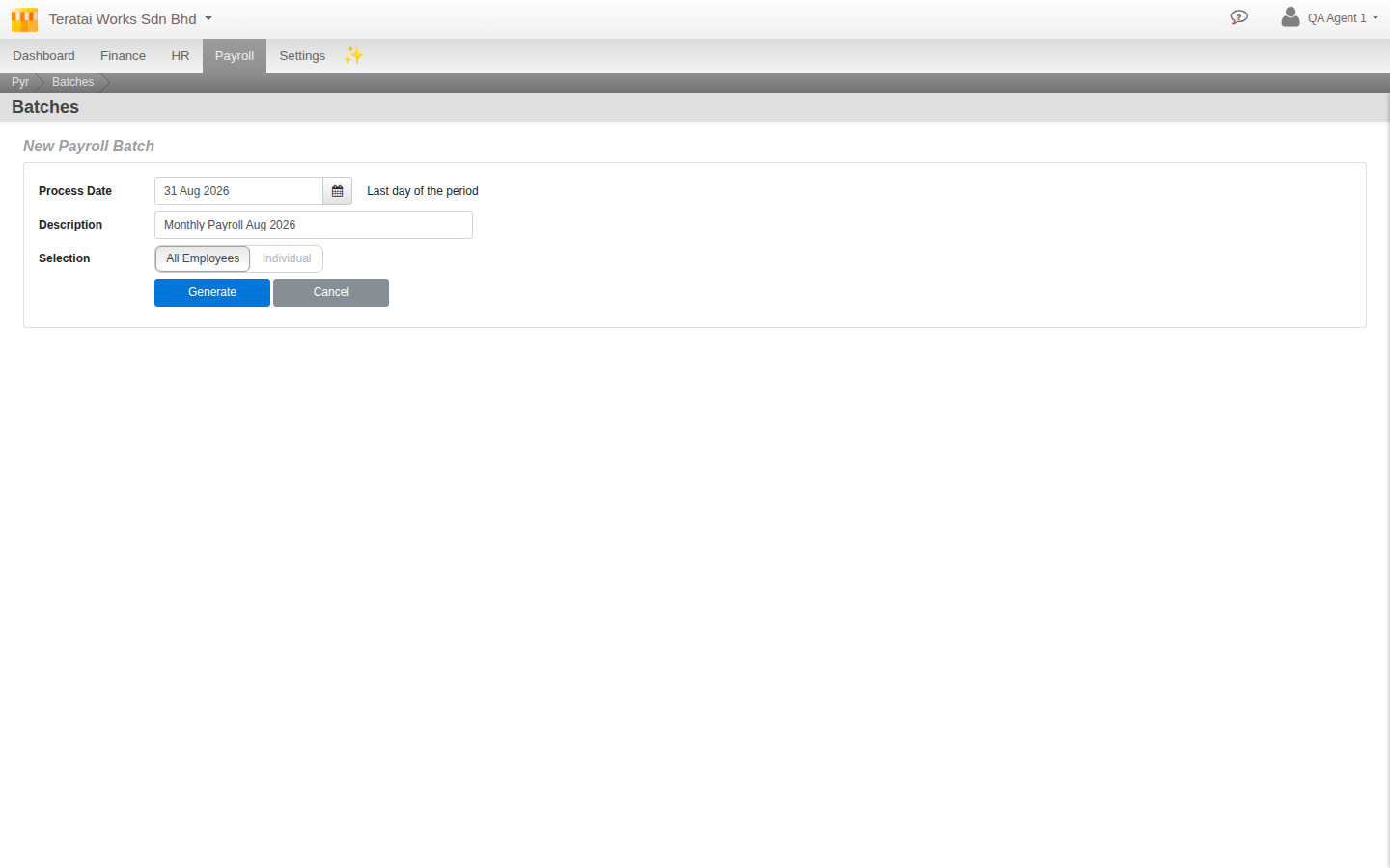 The New Payroll Batch form, Process Date, Description and an All Employees / Individual selection