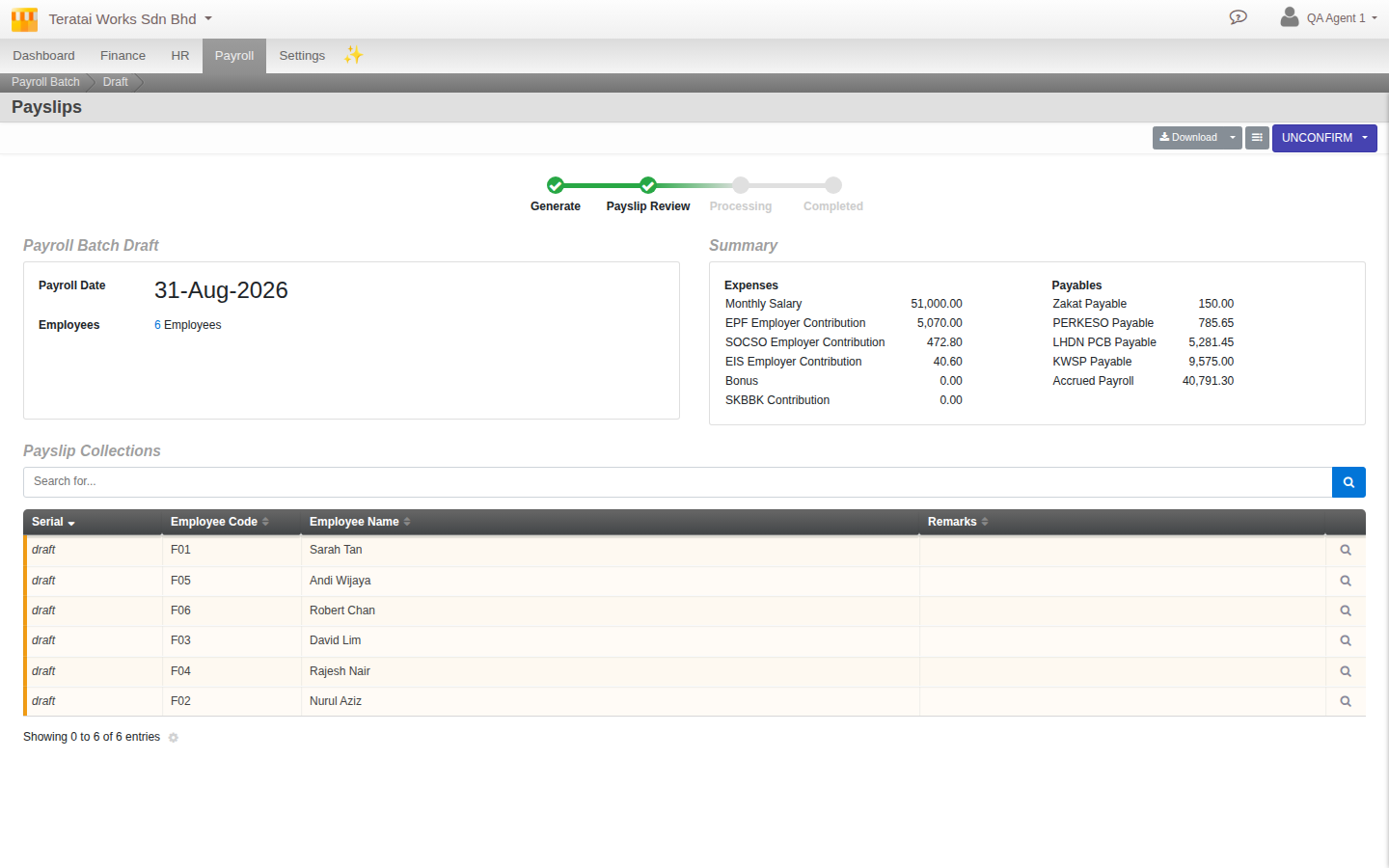 A freshly generated payroll batch, 6 payslips listed by employee, plus an Expenses and Payables summary panel showing Monthly Salary, EPF/SOCSO/EIS Employer Contribution, and payables owed to Zakat, PERKESO, LHDN and KWSP