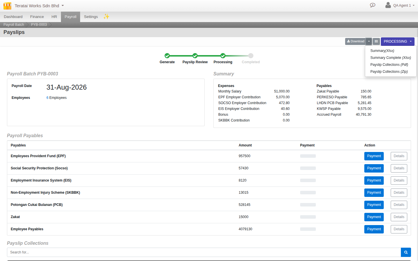 A payroll batch's Download menu open, showing Summary (Xlsx), Summary Complete (Xlsx), Payslip Collections (Pdf) and Payslip Collections (Zip)