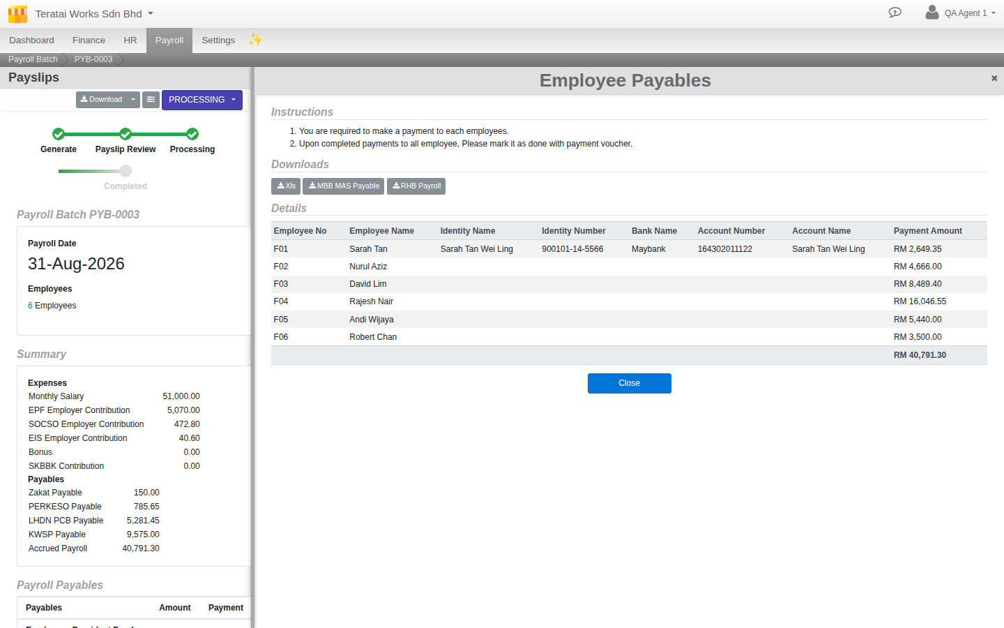The Employee Payables panel, Downloads row with Xls, MBB MAS Payable and RHB Payroll buttons, and a Details table listing each employee's payment amount, with bank details filled in for one employee who has them on file