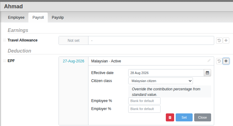 The Payroll tab on an employee record: Earnings and Deduction lists, with EPF expanded showing Effective date, Citizen class, and Employee %/Employer % overrides