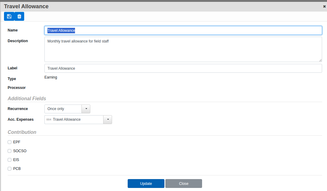 A Payroll Item edit screen: Name, Description, Label, Type (Earning), Recurrence, Acc. Expenses ledger, and a Contribution checklist for EPF/SOCSO/EIS/PCB