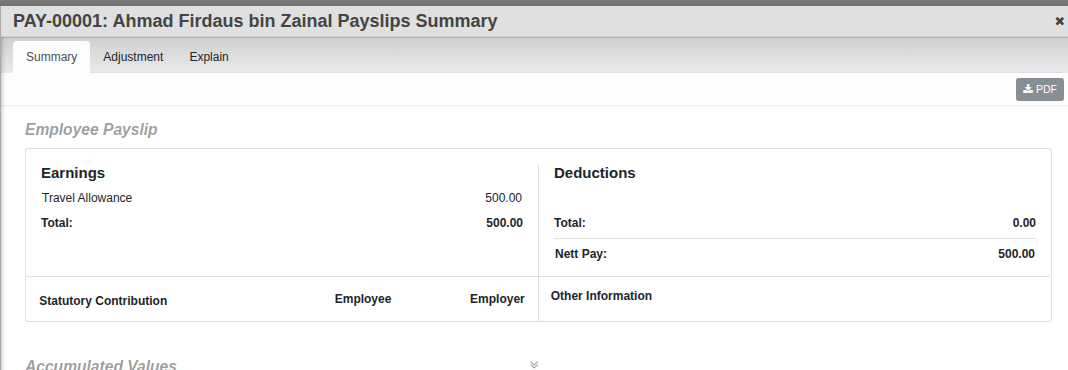 A payslip Summary tab: Earnings and Deductions totals, Statutory Contribution columns, Datetime, Remarks and Internal Notes fields