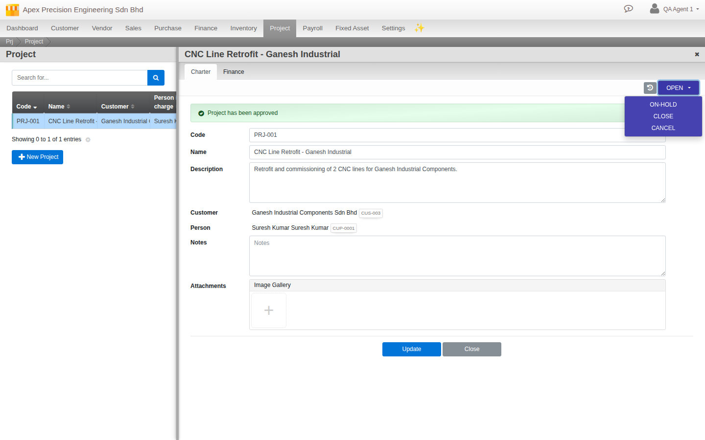 A project's Charter tab in Open status, with its status dropdown showing On-Hold, Close and Cancel